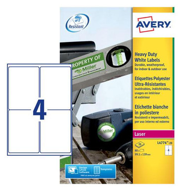 Avery Laser Heavy Duty Label 99x139mm 4 Per A4 Sheet White (Pack 80 Labels) L4774-20 - Heavy Duty Labels - Laser Labels