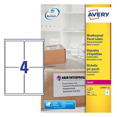 Avery Laser Weatherproof Parcel Label 99x139mm 4 Per A4 Sheet White (Pack 100 Labels) L7994-25 - Parcel Labels - Weatherproof Labels