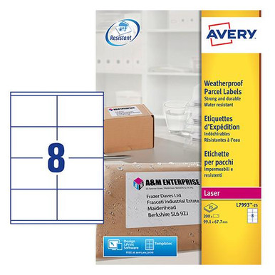 Avery Laser Weatherproof Parcel Label 99x67mm 8 Per A4 Sheet White (Pack 200 Labels)