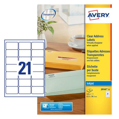 Avery Inkjet Address Label 63.5x38.1mm 21 Per A4 Sheet Clear (Pack 525 Labels) J8560-25 - Address Labels - Inkjet Labels