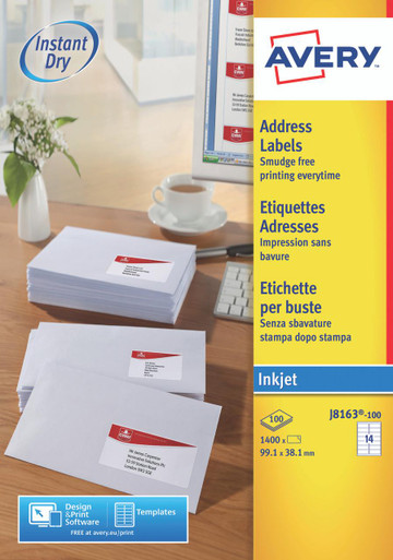 Avery Inkjet Address Label 99.1x38.1mm 14 Per A4 Sheet White (Pack 1400 Labels) J8163-100 - Address Labels - Inkjet Labels