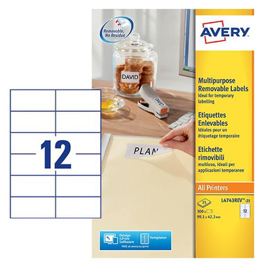 Avery Multipurpose Mini Removable Label 99x42.3mm 12 Per A4 Sheet White (Pack 300 Labels) L4743REV-25 - Removable Labels - Mini Labels