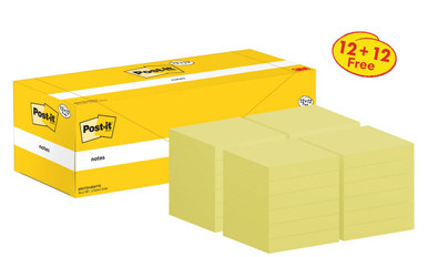 Post-itÂ® Notes Canary Yellow 76 mm x 76 mm Promo Pack 100 Sheets/Pad 12 + 12 FREE Pads/Pack Cardboard Pack 100% PEFC SGSCH-PEFC-COC-110078 - Sticky Notes - Self Stick Notes