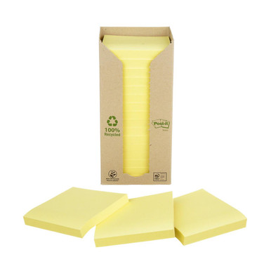 Post-itÂ® Recycled Notes Canary Yellow 76 mm x 76 mm 100 Sheets/Pad 16 Pads/Pack 100% PEFC Recycled SGSCH-PEFC-COC-110078 - Sticky Notes - Recycled Paper Notes
