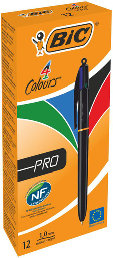 BIC 4 Colours Black Barrel Pro Ball Pen Pack of 12 - Ballpoint Pens - Multicolour Pens