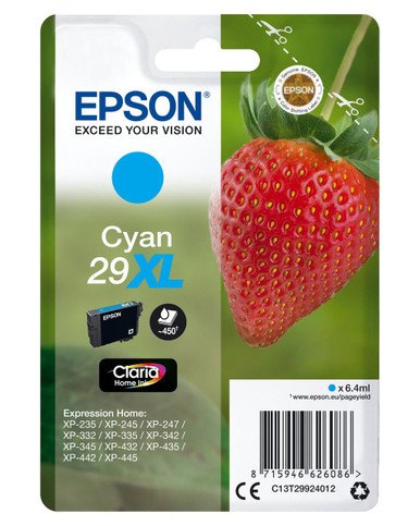 Epson 29XL Strawberry Cyan High Yield Ink Cartridge 6ml - C13T29924012 - Epson XP Expression Home Series Ink Cartridges - Epson Expression Home XP-435 Ink Cartridges