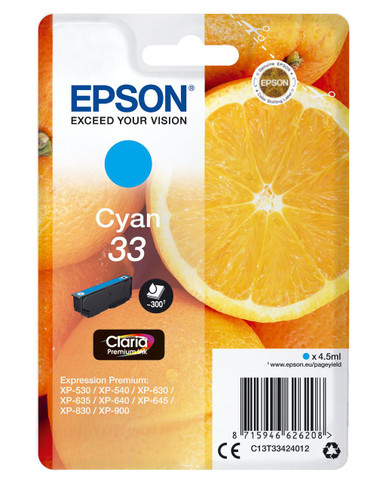 Epson 33 Oranges Cyan Standard Capacity Ink Cartridge 4.5ml - C13T33424012 - MUFC Series - Brother MUFC Cartridges