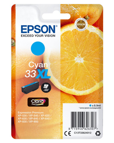Epson 33XL Oranges Cyan High Yield Ink Cartridge 9ml - C13T33624012 - MUFC Series - Brother MUFC Cartridges