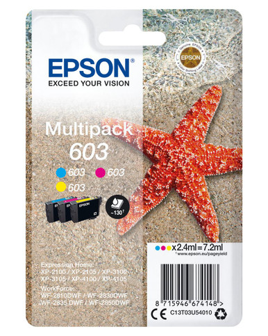 Epson 603 Starfish Cyan Magenta Yellow Standard Capacity Ink Cartridge 3 x 2.4ml Multipack - C13T03U54010 - Epson WorkForce Series Ink Cartridges - Epson WorkForce WF-2810DWF Ink Cartridges