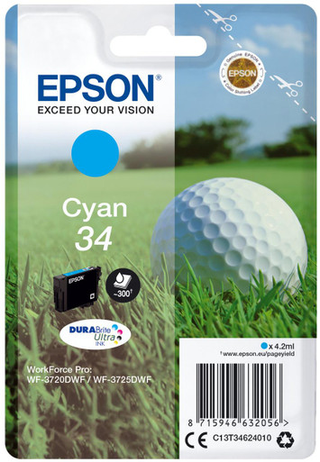 Epson Golf ball Singlepack Cyan 34 DURABrite Ultra Ink - Epson WorkForce Pro Series Ink Cartridges - Epson WorkForce Pro WF-3720 Ink Cartridges