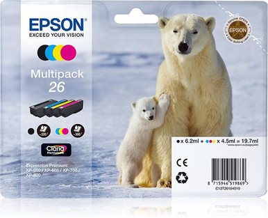 Epson Polar bear Multipack 4-colours 26 Claria Premium Ink - Epson XP Expression Premium Series Ink Cartridges - Epson Expression Premium XP-800 Ink Cartridges