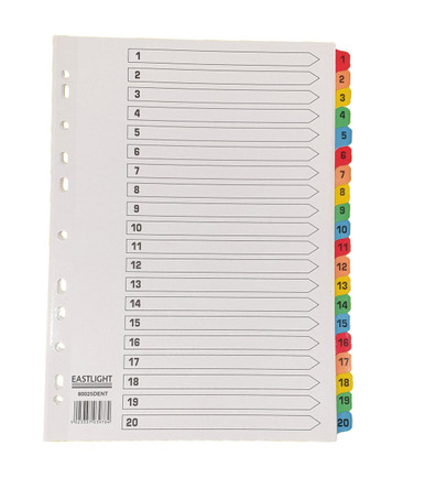 Index White Multicolour Tabs 1-20 - Subject Dividers - A4 Ring Binder