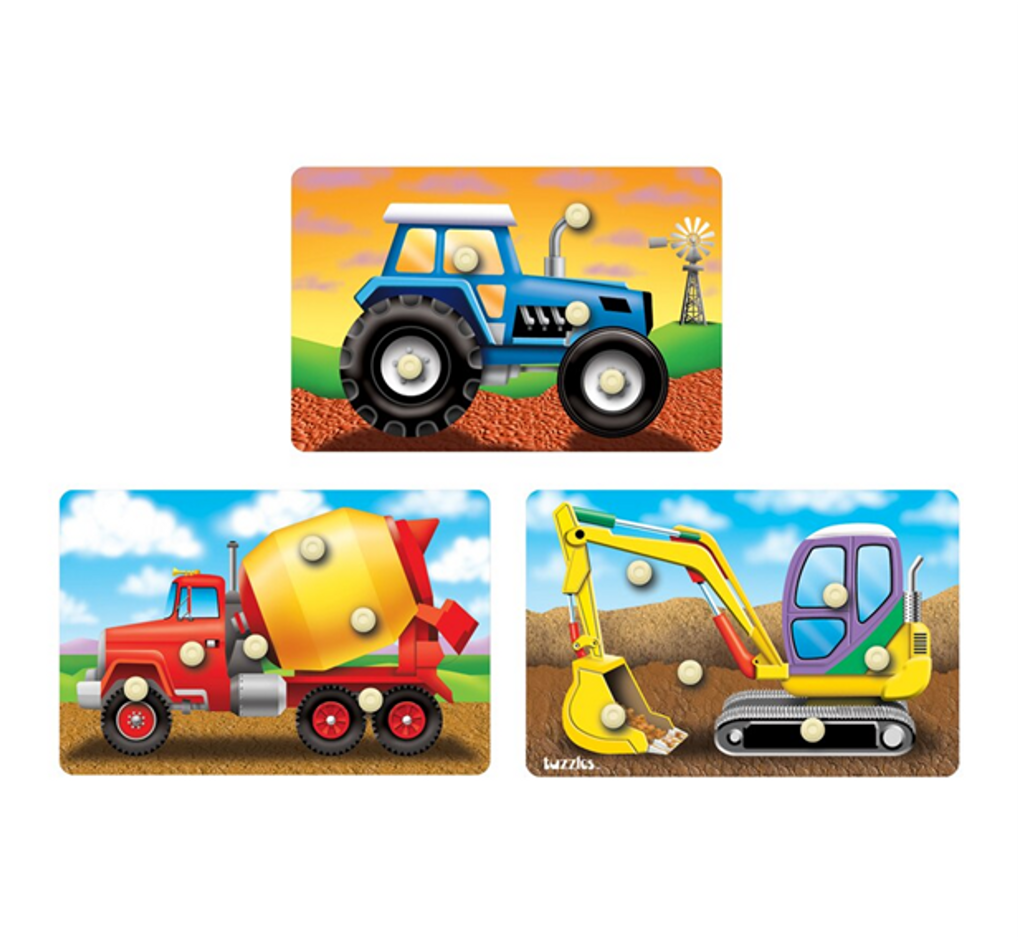 Construction Vehicles - Set of 3 Knob Puzzles 5,6,6 pieces