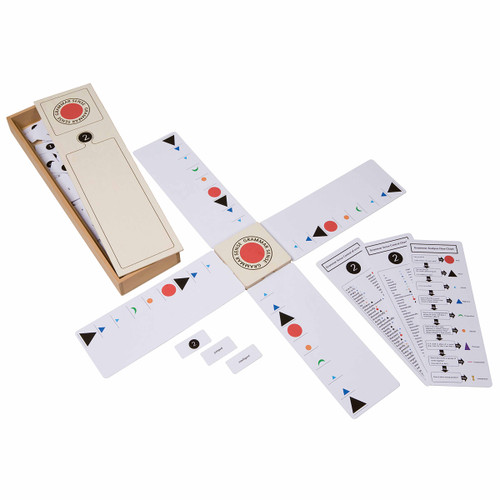The Grammar Sense Game helps the child internalize a sense of the functions of the parts of speech. Children choose words randomly and place them into a sentence structure template based on their function. The sentences created are grammatically correct, but semantically nonsensical. It is great fun for the children. Includes: 1 base block, 4 paddle cards, 2 control charts, 1 flow chart, 84 word cards, instructions and a wooden box with lid. Designed by Mark Powell.