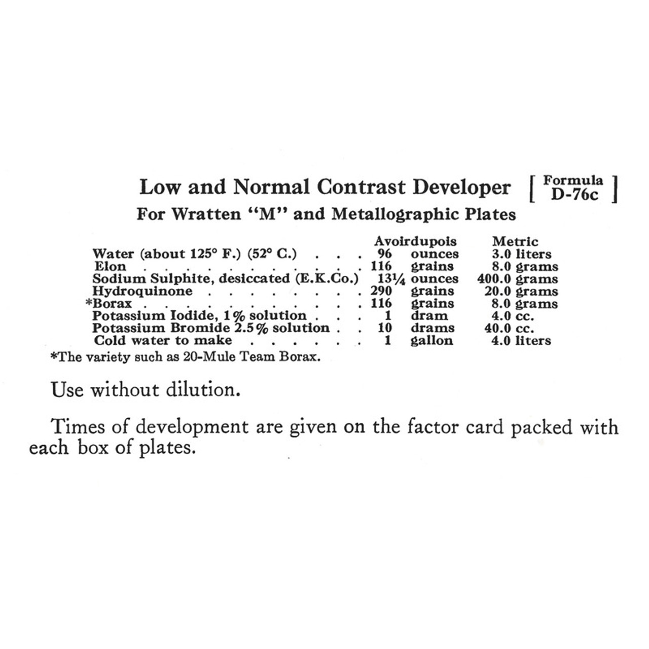 Low and Normal Contrast Developer Formula D-76c - Free Download