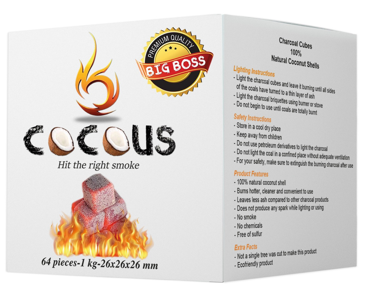 COCOUS Natural Coconut Charcoal 1KG - 64 Pieces 26mm Cubes | MY