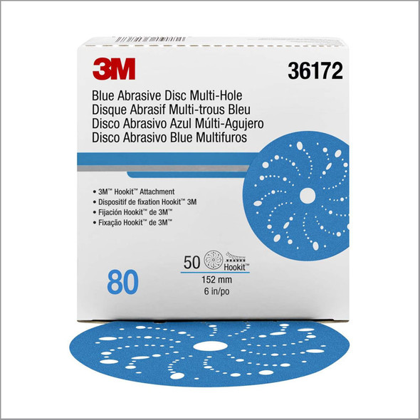 3M 36172, 80 Grit, 6 inch Hookit Multi-Hole Blue Abrasive Discs