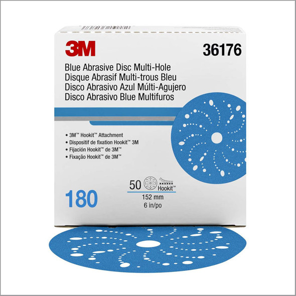 3M 36176, 180 Grit, 6 inch Hookit Multi-Hole Blue Abrasive Discs