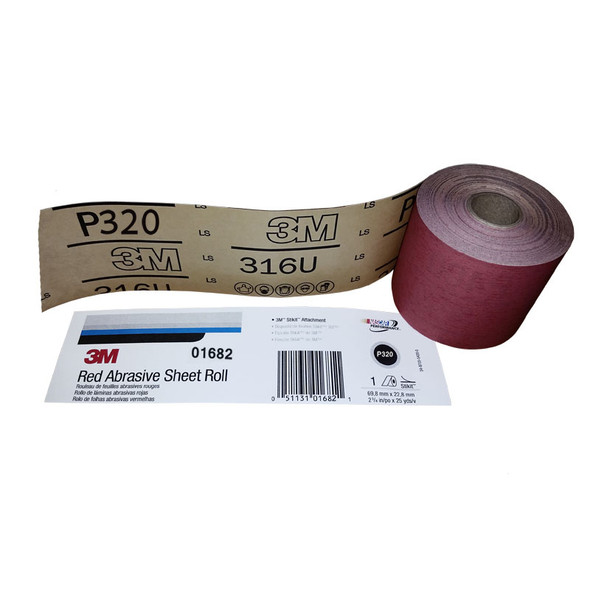 3M 01682, 320 Grit, 2-3/4 inch, Longboard, Stickit Red Roll Sandpaper
