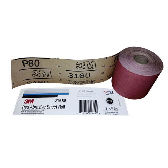 3M 01688, 80 Grit, 2-3/4 inch, Longboard, Stickit Red Roll Sandpaper