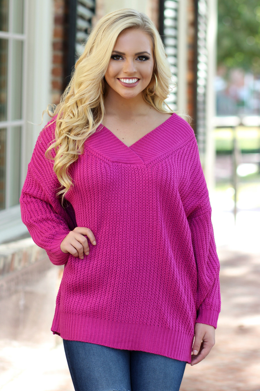 Current Obsession Sweater: Fuchsia - Lavish Boutique