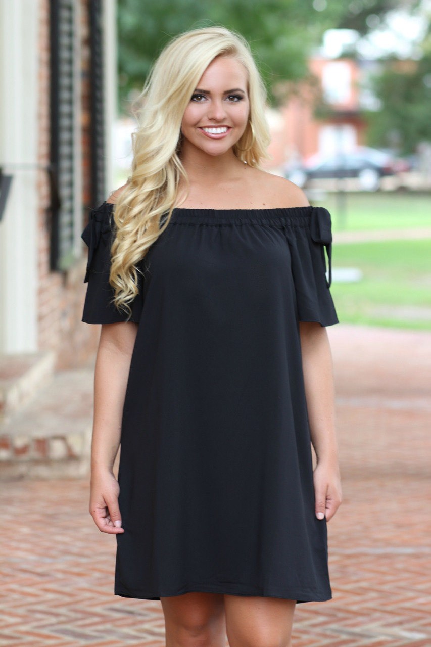black a dress Berylove Women Black Tie Dress with Slit Off The Shoulder A Line Tea Length Formal Dress, Black / US6