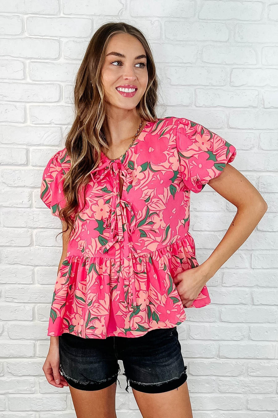 Floral Fling Puff Sleeve Top: Pink 
