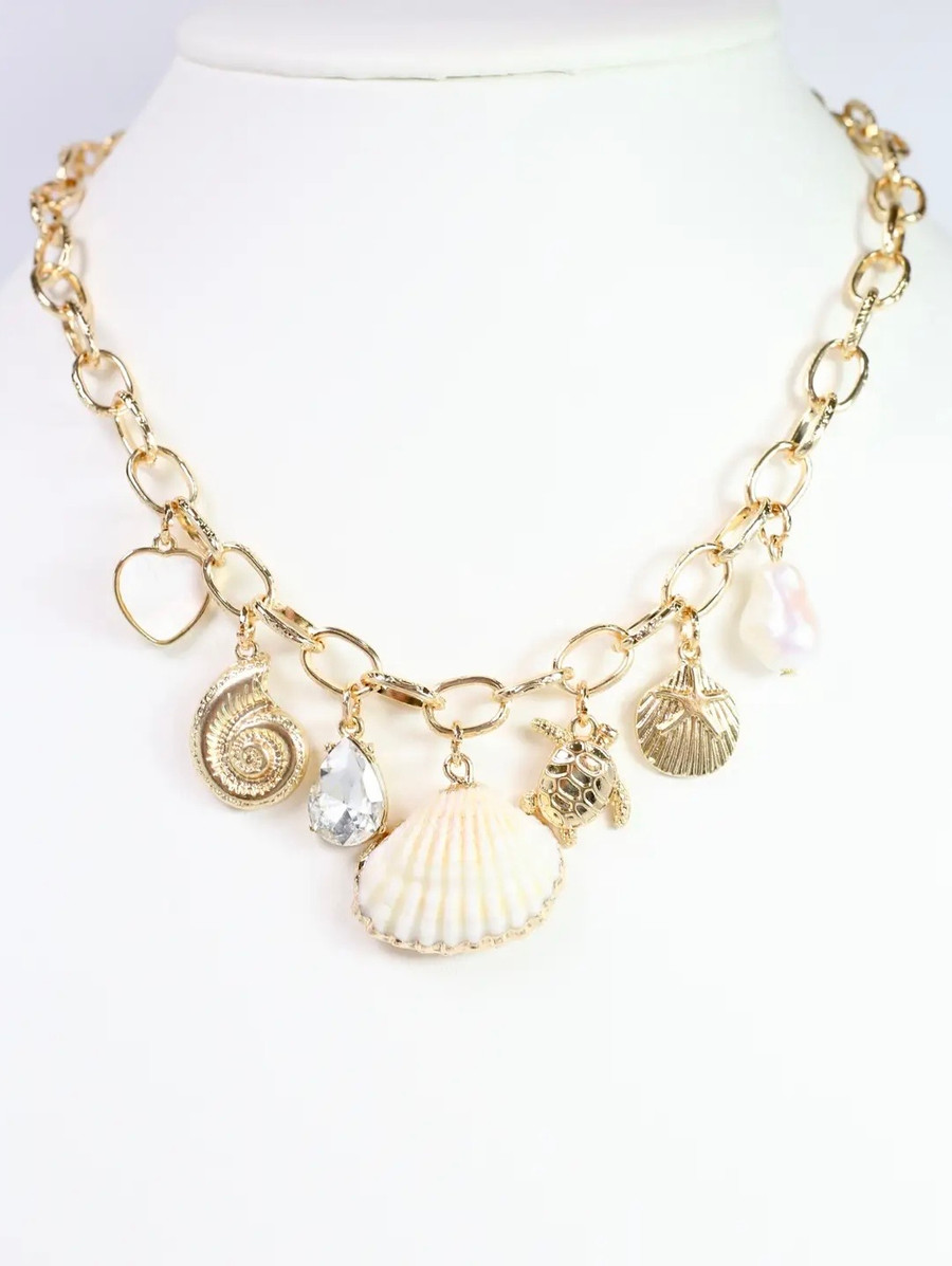 Sea Life Seashell Charm Necklace: Gold