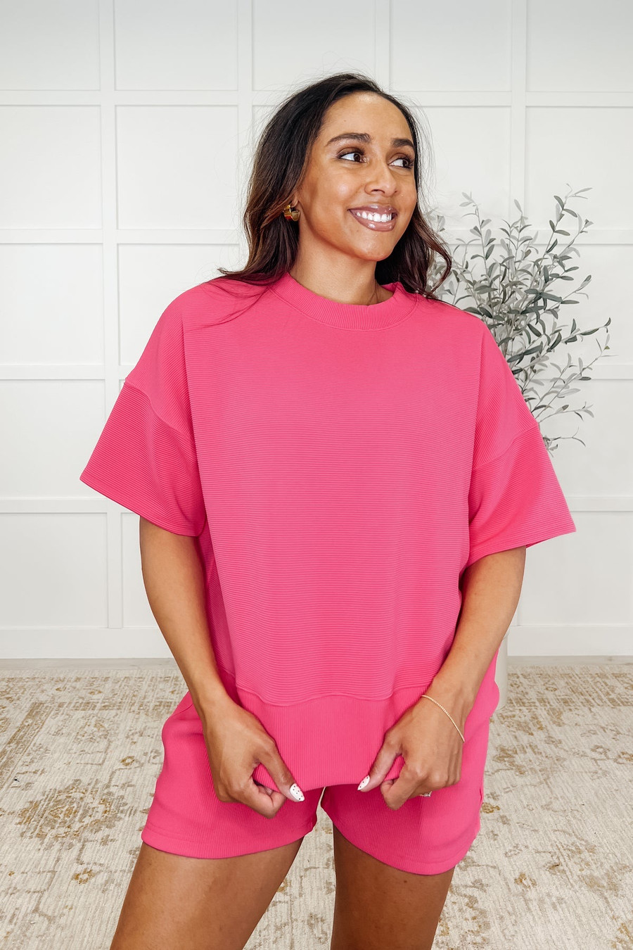 Slow Sunday Ribbed Knit Set: Hot Pink 