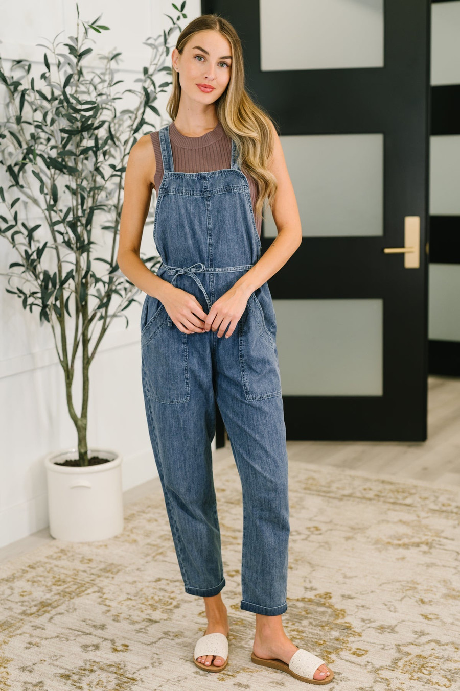 Too Cute to Compute Waist Tie Overalls: Denim