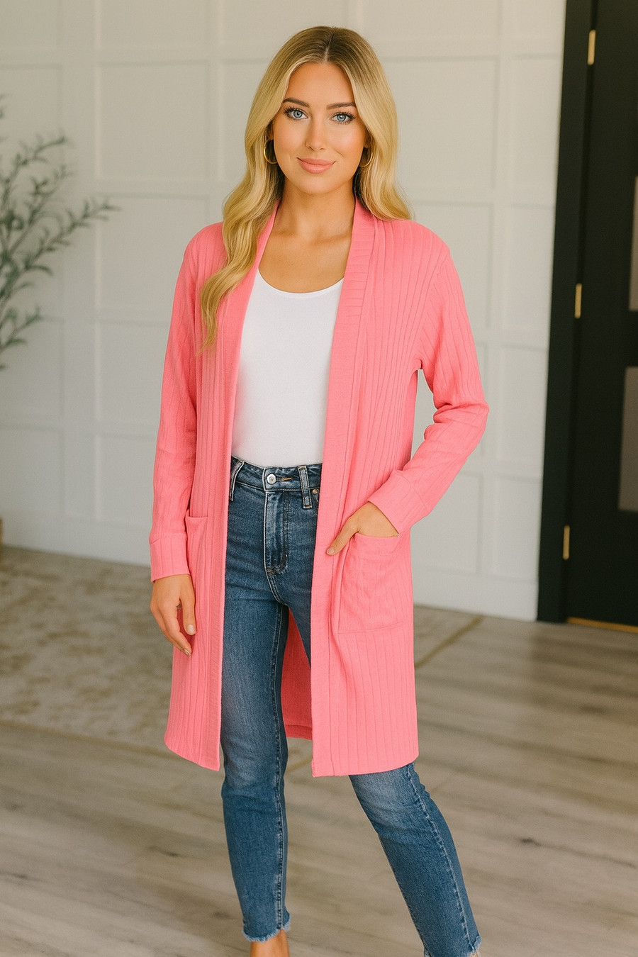 Modern Idealist Open Front Cardigan: Coral