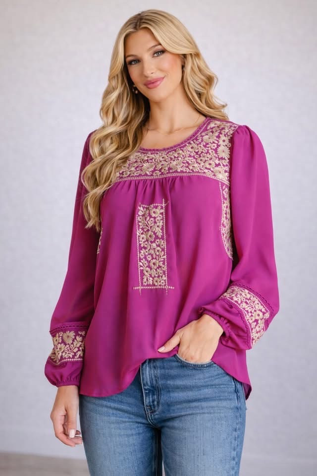 Embroidered Blouse: Magenta 