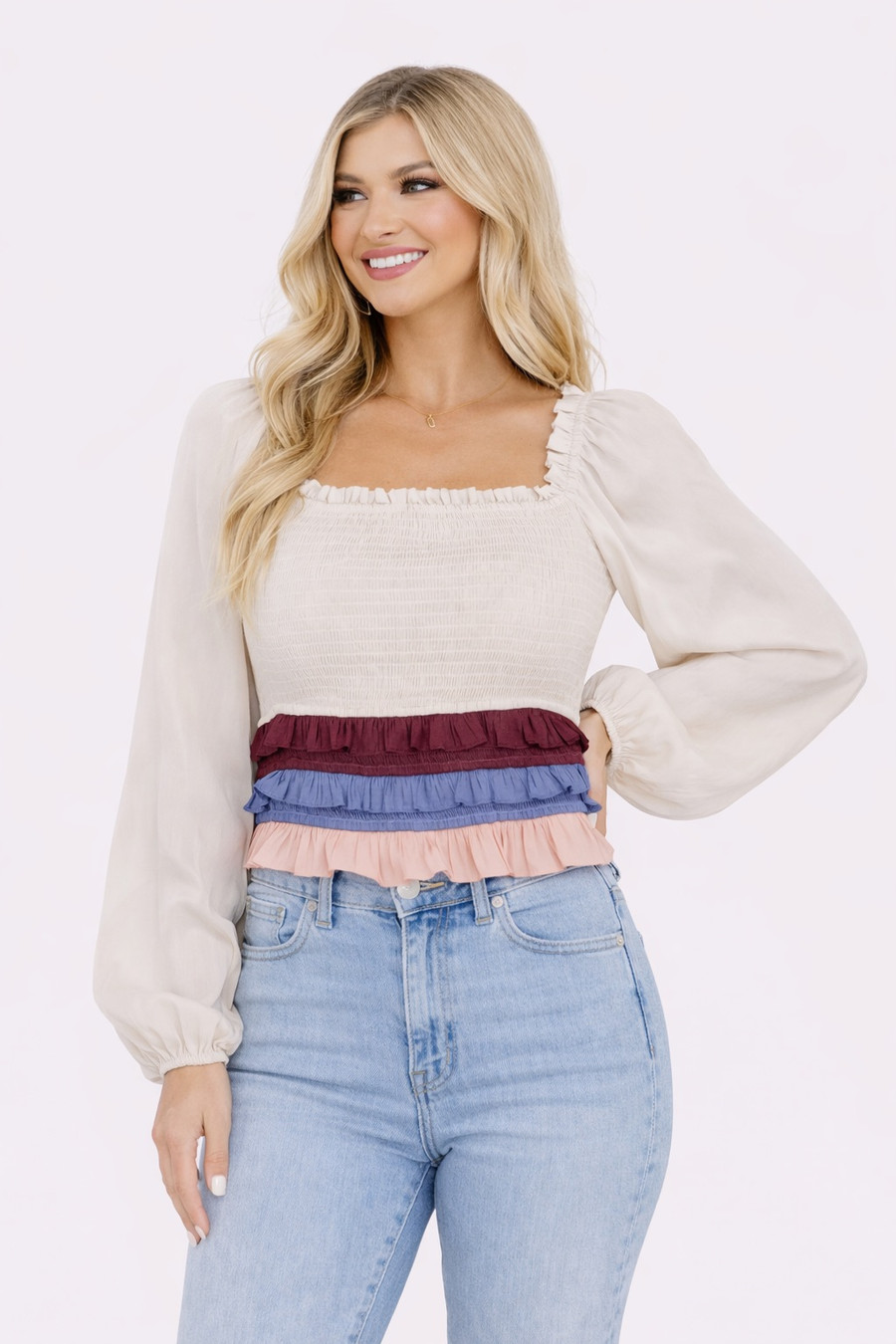 Shirley Smocked Ruffle Top: White 