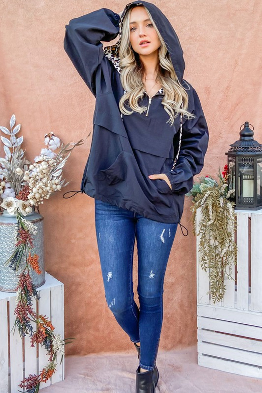 Leopard Print Hooded Black Jacket | Lavish Online Boutique