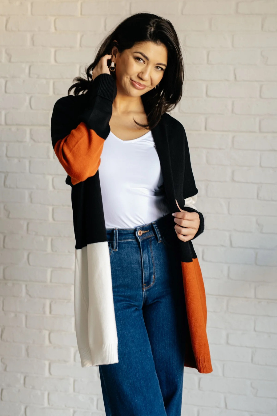 Color Block Open Front Cardigan: Black/Rust