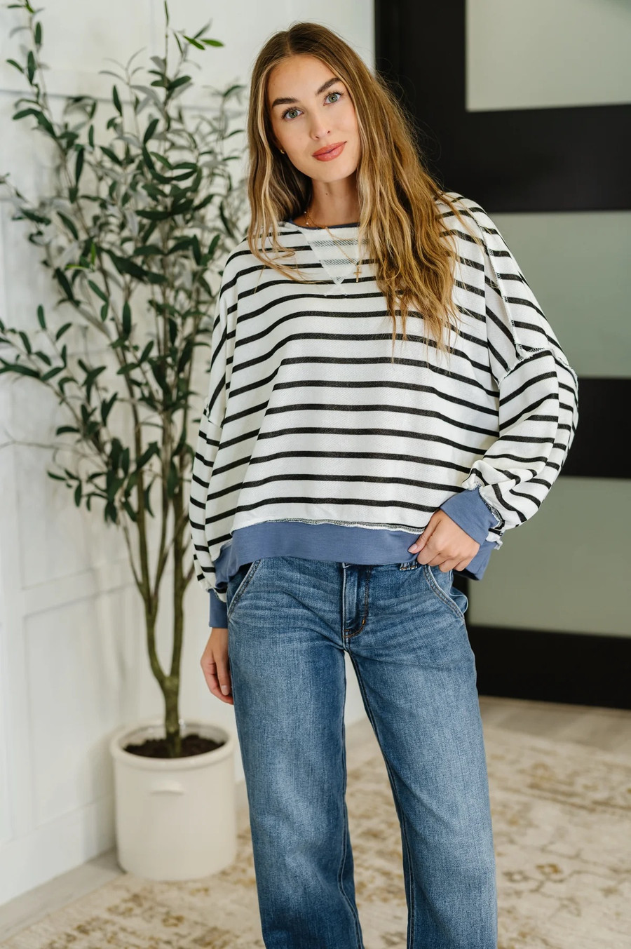 Cute in Comfort Crew Neck Pullover: White/Black/Denim 