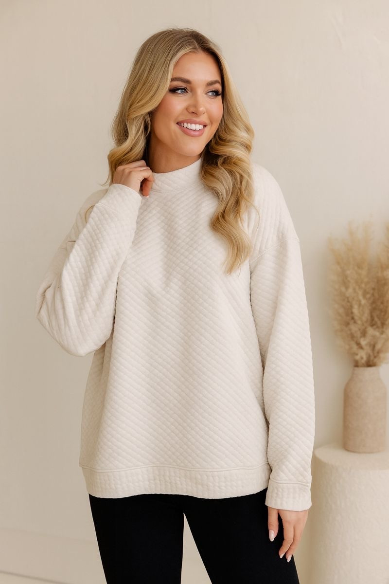 Don't Change Anything Mock Neck Pullover: Ivory 