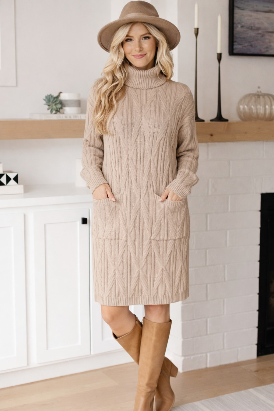 Bundled Beauty Turtleneck Sweater Dress: Taupe 