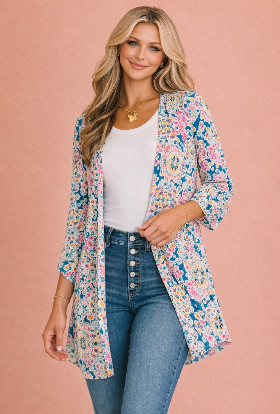 The Lizzy Cardigan: Teal/Pink 