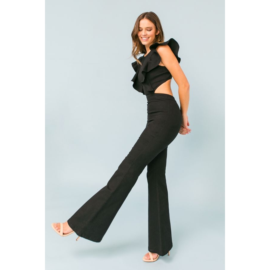 Flared Stretch Denim Jumpsuit, Black Jumpsuit