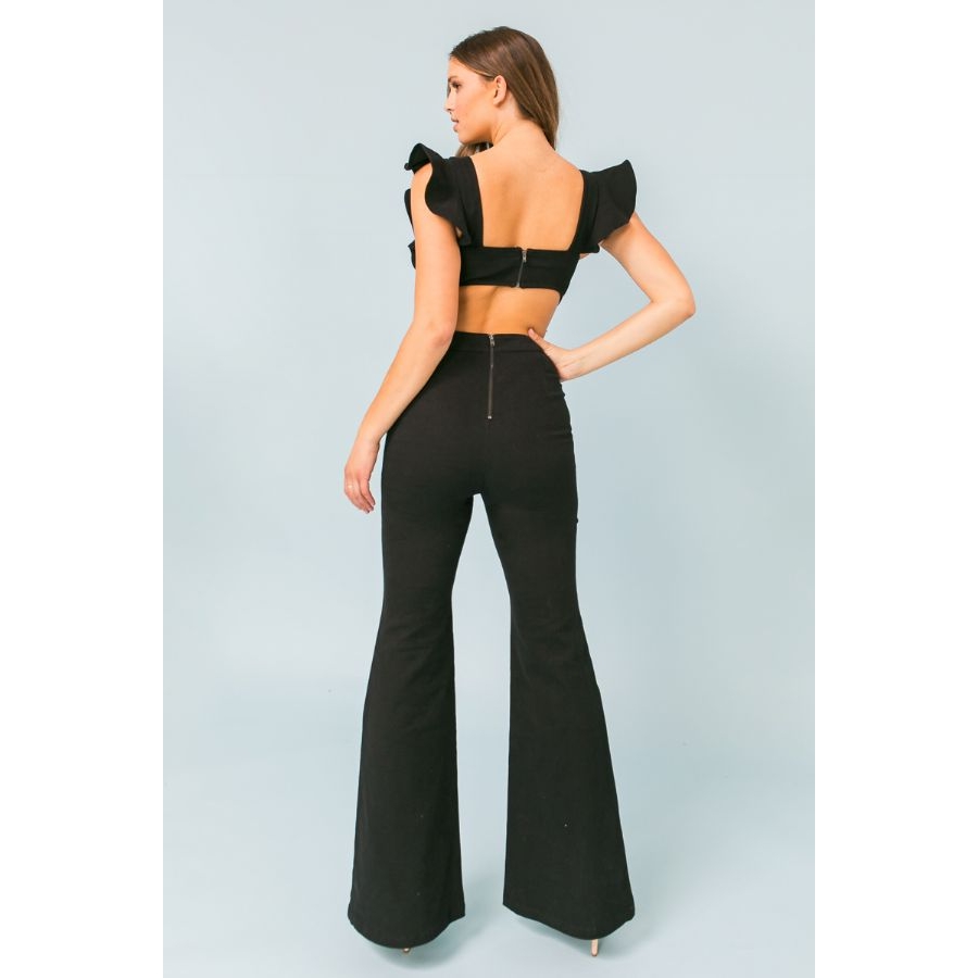 Flared Stretch Denim Jumpsuit, Black Jumpsuit