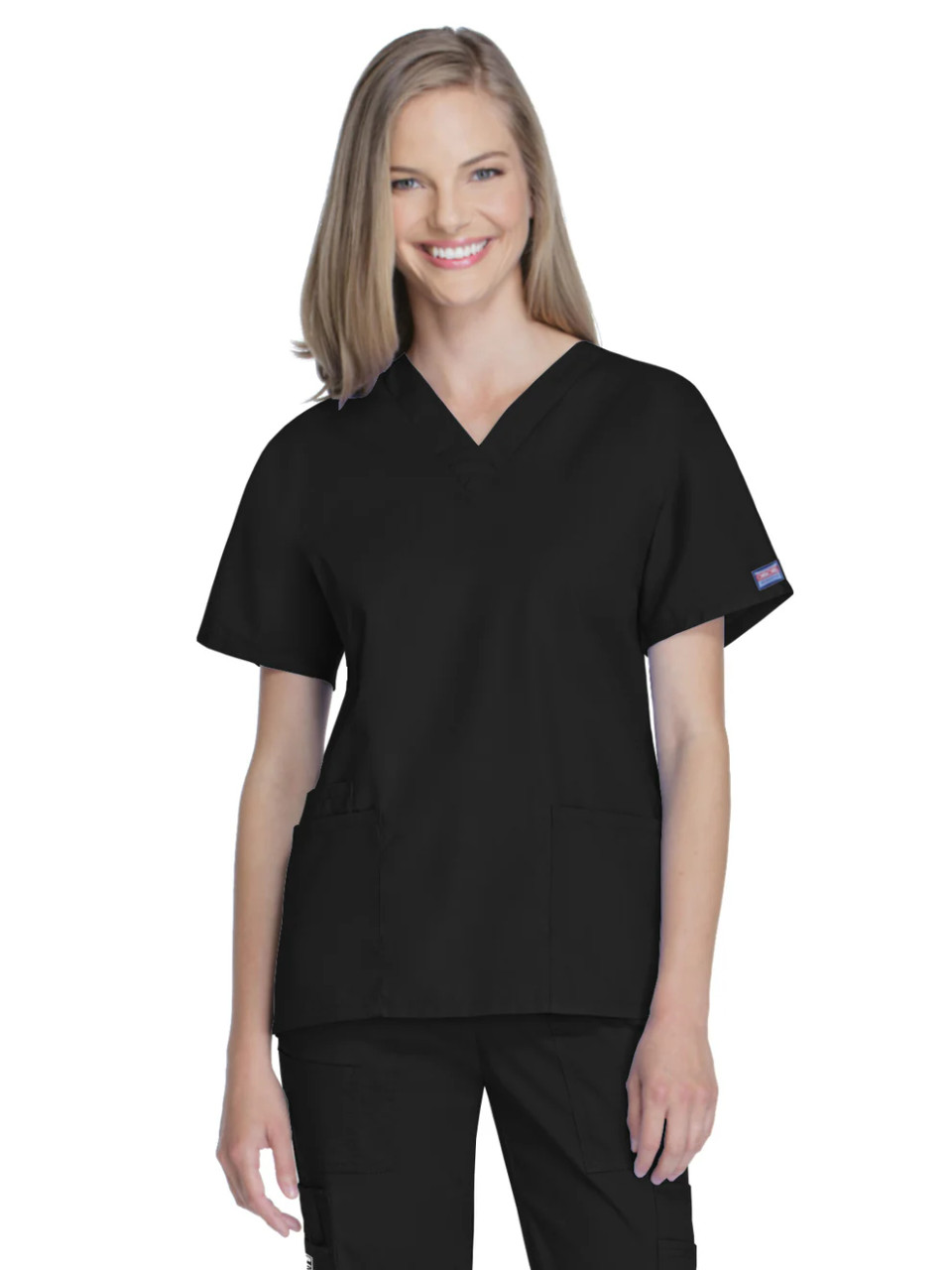 TSCB Cherokee Women's 2-Pocket V-Neck Scrub Top (Black)