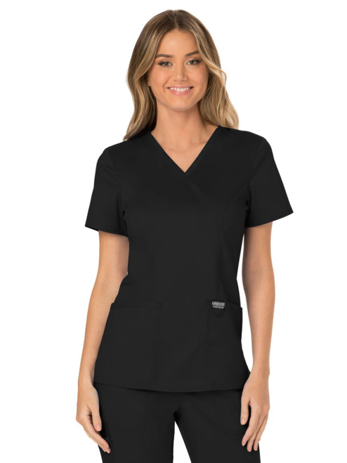 TSCB Cherokee Women's 2-Pocket Mock Wrap Scrub Top (Black)