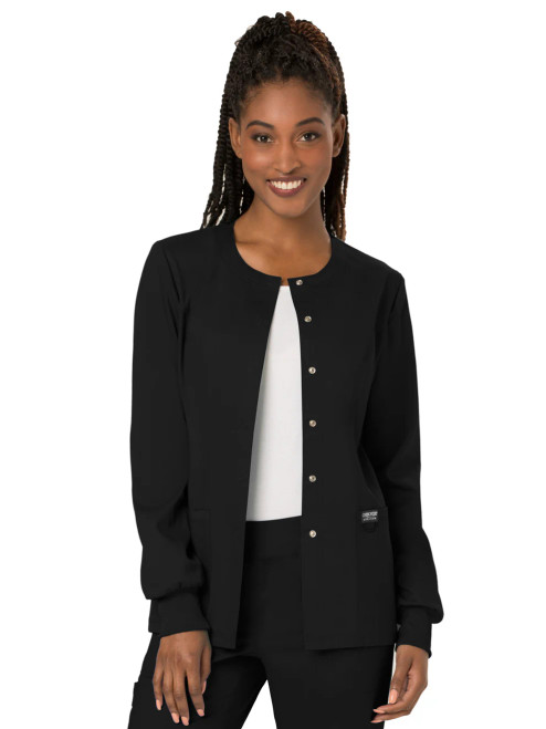 TSCB Women's 3-Pocket Snap Front Scrub Jacket (Black)