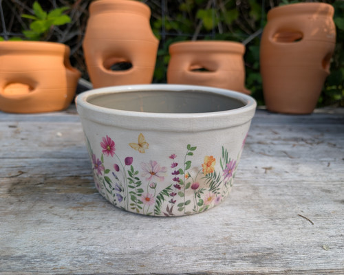 Cream ceramic bowl planter with wildflower and butterfly design.