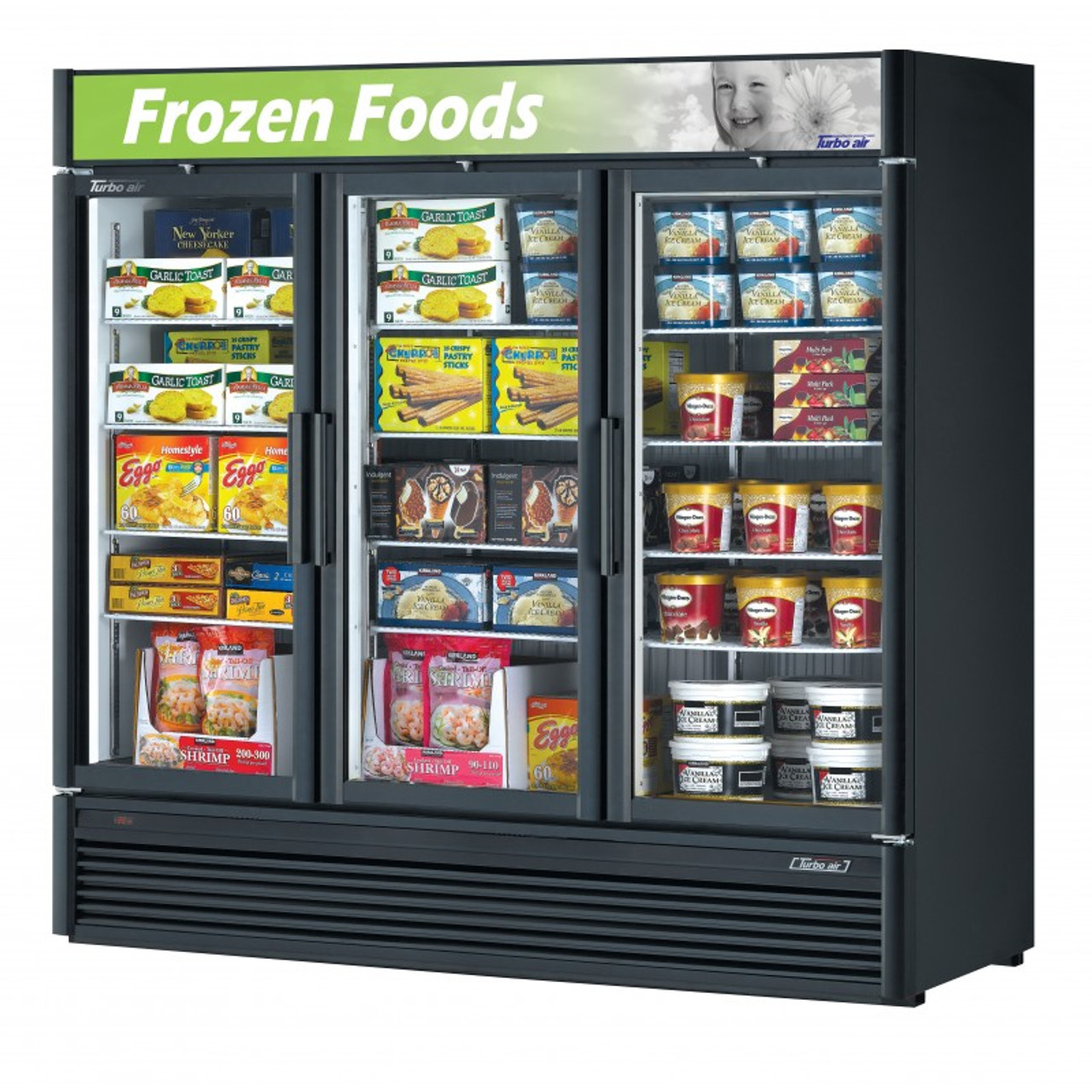 Turbo Air Reach-in Freezer with Three Swing Glass Display Door. Model: TGF-72SDB