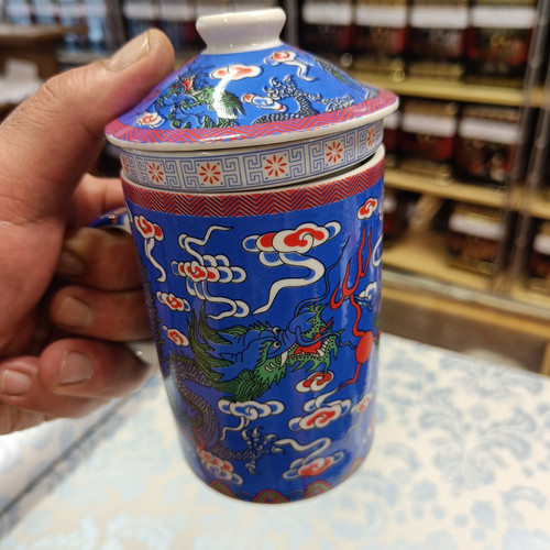 Temugg med sil & lock - Blå med kinesisk drake