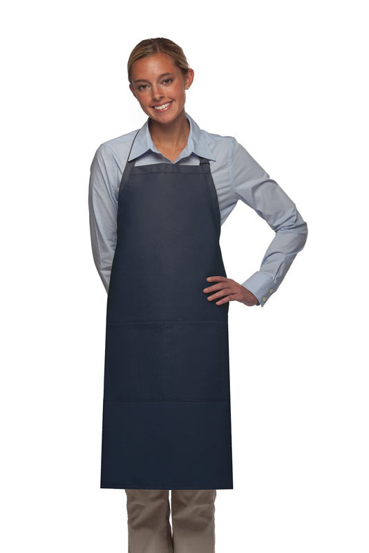 Navy blue two pocket bib apron with adjustable neck strap