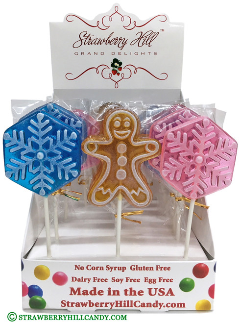 Assorted Holiday Hard Candy Lollipops. Set Includes Gingerbread Man, Blue and Pink Snowflakes.
25 Count Display.