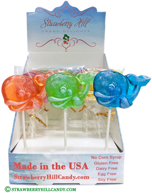 Assorted Hard Candy Whale Lollipops in 25 Count Display.
Red Strawberry, Green Apple, Blue Raspberry, Orange Orange.